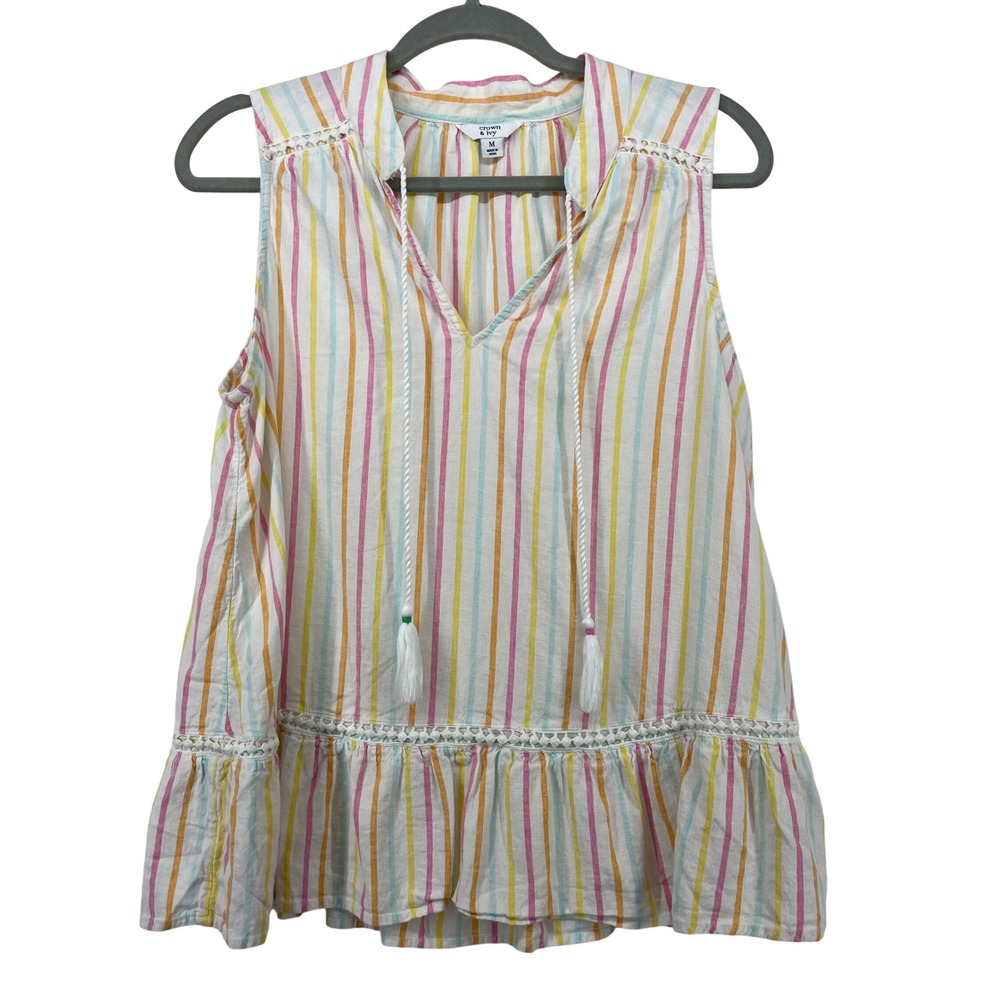 Crown & Ivy Size M Sleeveless Blouse Multi Stripe Linen Blend Tassel Peplum Top